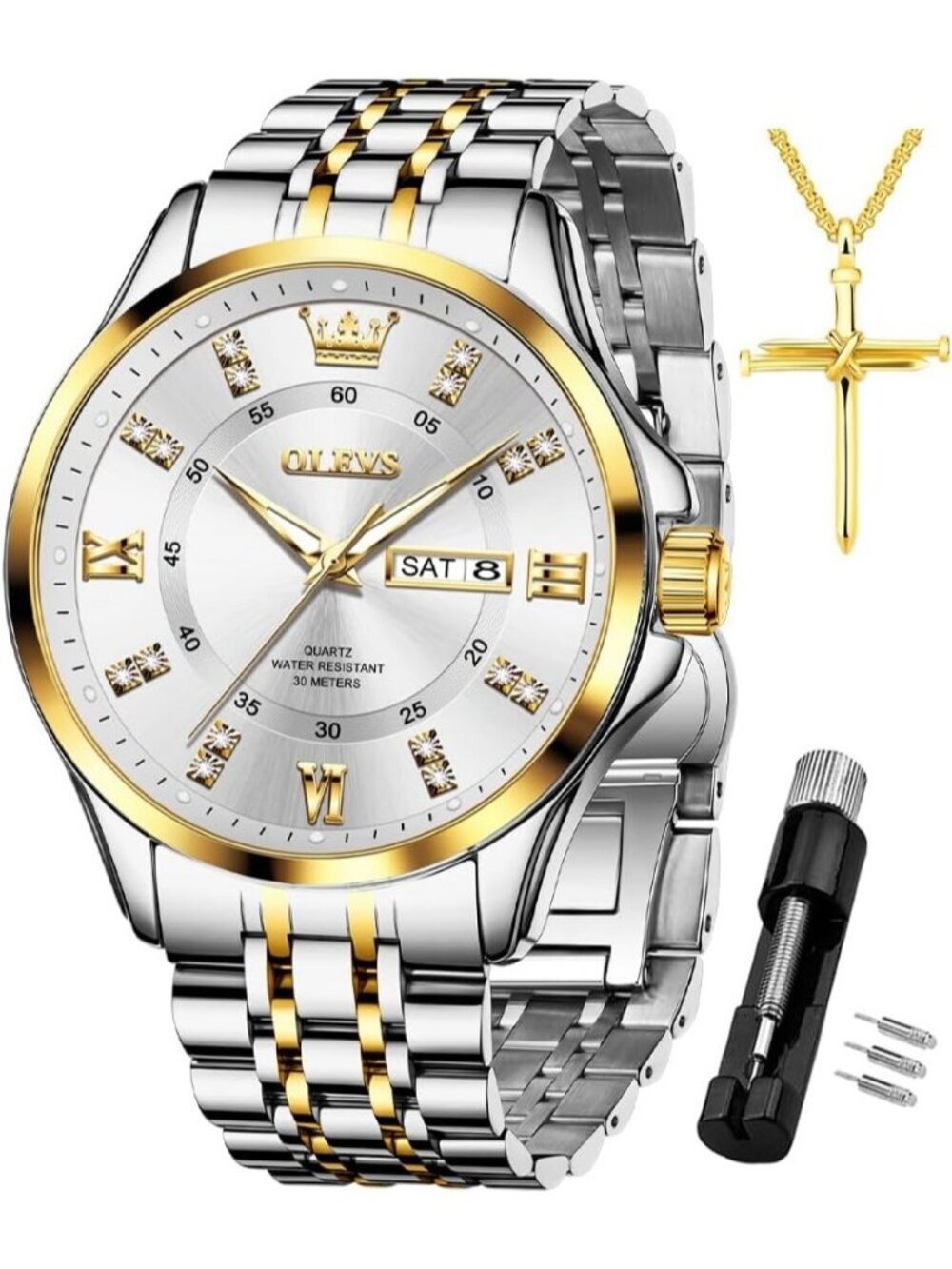 Mens Silver Gold Diamond Stainless Steel Waterproof Luminous Luxury Analog Watch